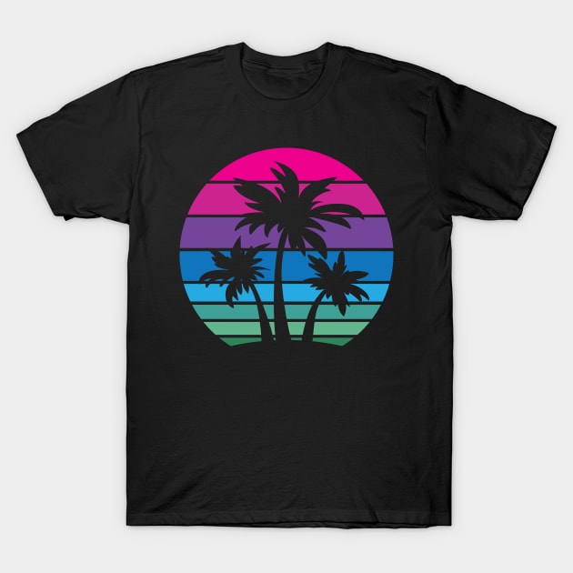 Retro 80s and 90s Tropical Beach Style Palm Tree Sunset Design T-Shirt by hobrath